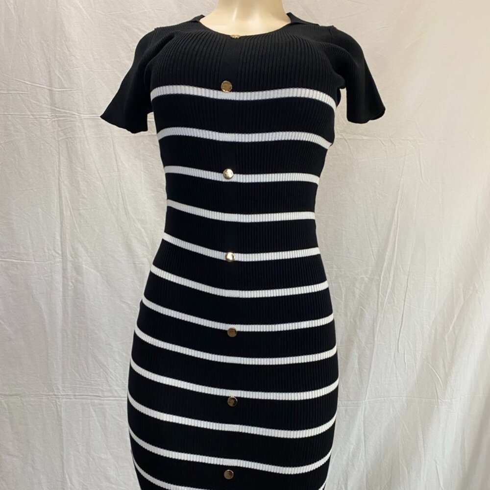 Nali Collection Black & White Striped Ribbed Midi Dress